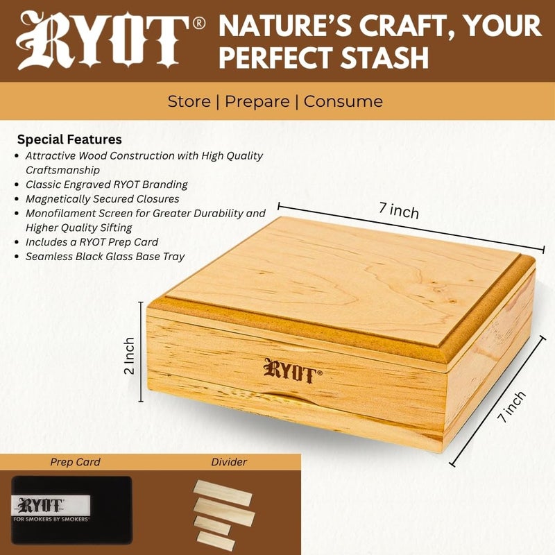 RYOT 7x7 Solid Top Screen Box in Natural | Wide Wooden Box Perfect for Sifter - Monofilament Mesh Screen - Glass Base Tray - Prep Card - Storage Divider - Image 4